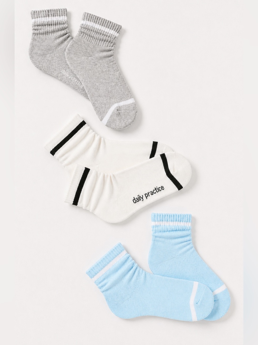 Daily Practice Stripe Crew Socks - Set of 3- White, Gray & Light Blue